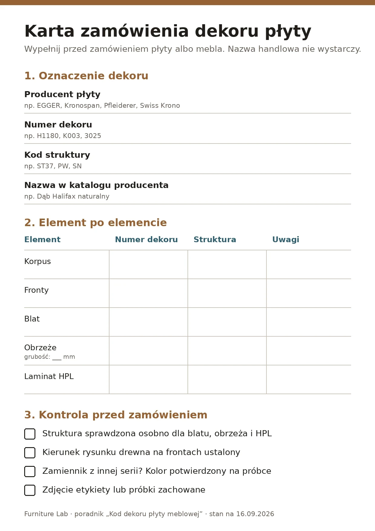 Karta do wydruku: co zapisać w zamówieniu, żeby dekor płyty zgadzał się w korpusie, frontach, blacie i obrzeżu