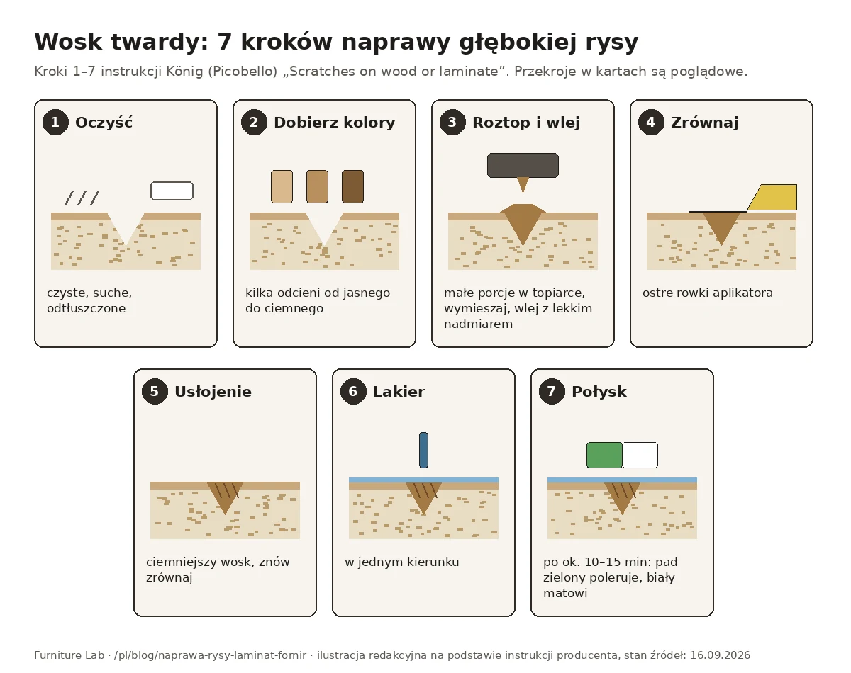 Jak naprawić rysę na meblach laminowanych woskiem twardym: siedem kroków według instrukcji König