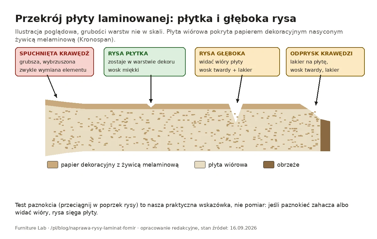 Przekrój płyty laminowanej: płytka rysa w warstwie dekoru, głęboka do płyty, odprysk krawędzi i spuchnięta krawędź