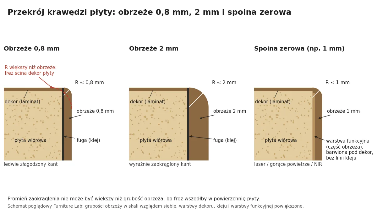 Obrzeże meblowe 0,8 czy 2 mm i spoina zerowa w przekroju: promień zaokrąglenia nie większy niż grubość obrzeża, fuga klejowa i warstwa funkcyjna