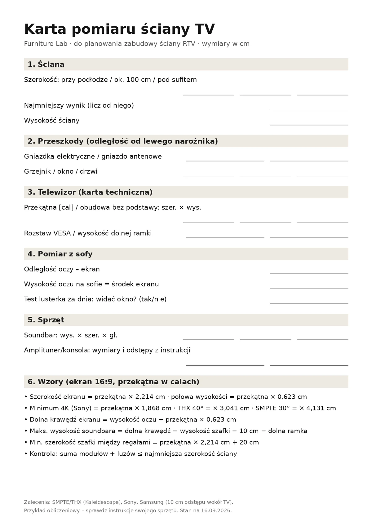 Karta pomiaru ściany TV do wydruku: szerokość ściany, przeszkody, wymiary telewizora, odległość, wysokość oczu i mnożniki